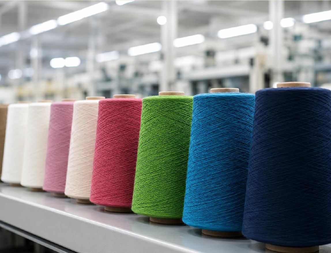 Dyed yarn on the production line